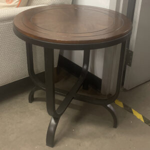 Round wood side table with metal base