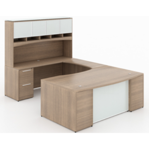 Potenza bow front u-shaped desk with file cabinet, Glass Hutch, and modesty panel