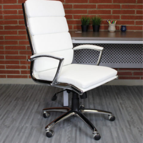 Boss white Caresoft vinyl high back executive chair, chrome finish