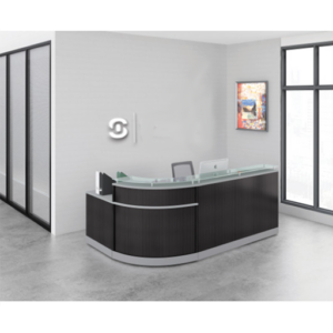 Office Source Cosmo glass Top 80" L shaped reception desk w/ ADA return