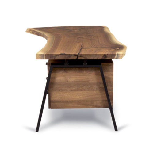 Side view of a hardwood exec desk with a wooden top and metal legs, located in Atlanta, GA