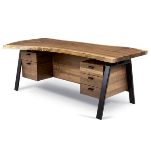 Hardwood executive desk featuring a wooden top and black legs, situated in Atlanta, GA