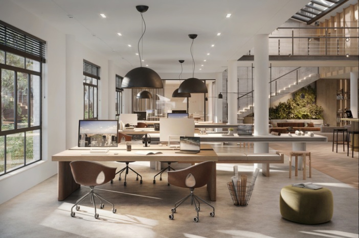 An Open-Plan, Modern Office with Light Wood Desks and Tan Swivel Chairs by Office Furniture Expo