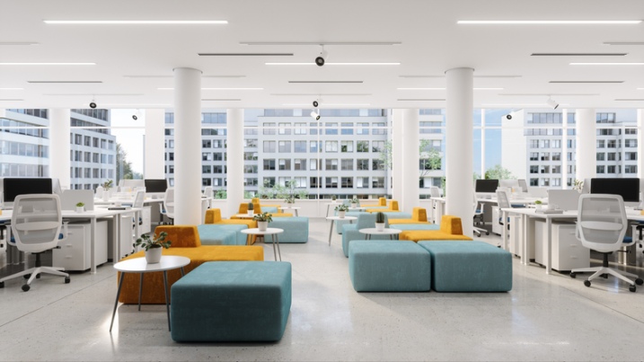 Bright Open Office with Modular Seating, White Desks, and Large Windows in Atlanta, GA